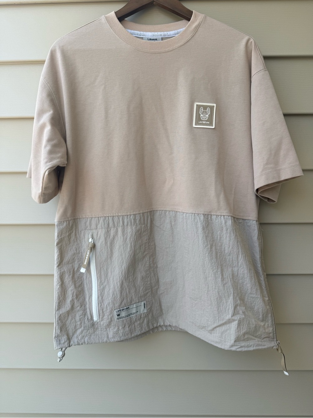 Lifework Korean Streetwear Mixed Media Oversized Shirt Sand Small